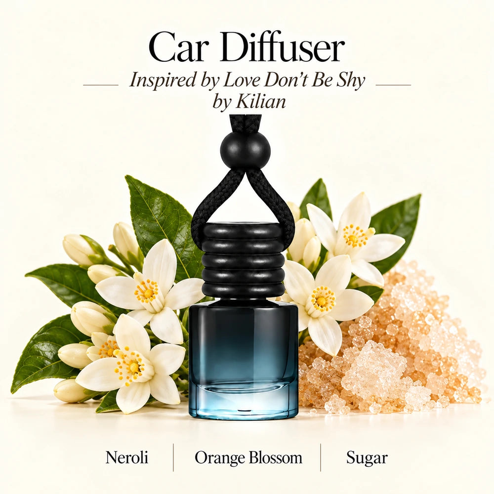 Love Don't Be Shy Inspired by Kilian car diffuser with Neroli, Orange Blossom, Sugar scent imagery by Ancient Wellness