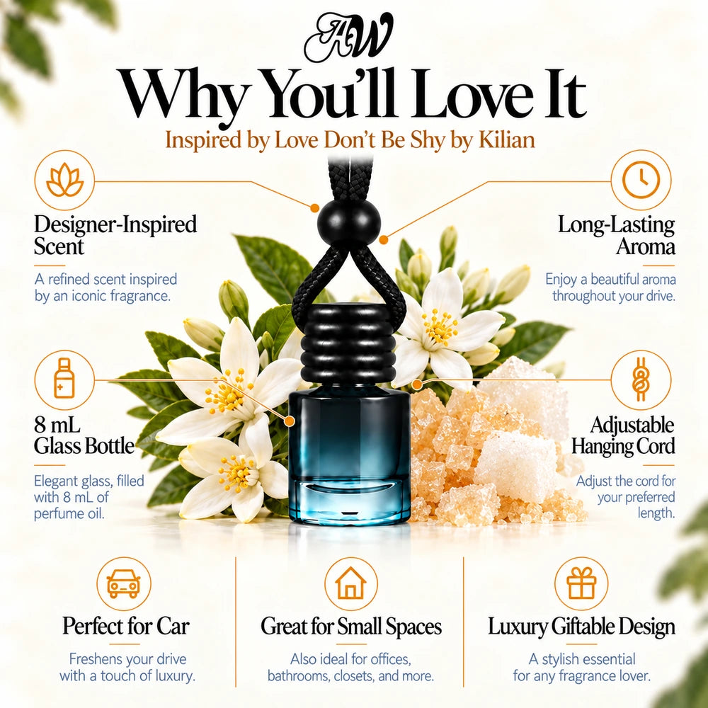 Love Don't Be Shy Inspired by Kilian car diffuser with Neroli, Orange Blossom, Sugar scent imagery by Ancient Wellness