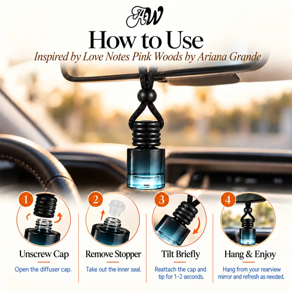 Love Notes Pink Woods car diffuser hanging in a car with four illustrated setup steps
