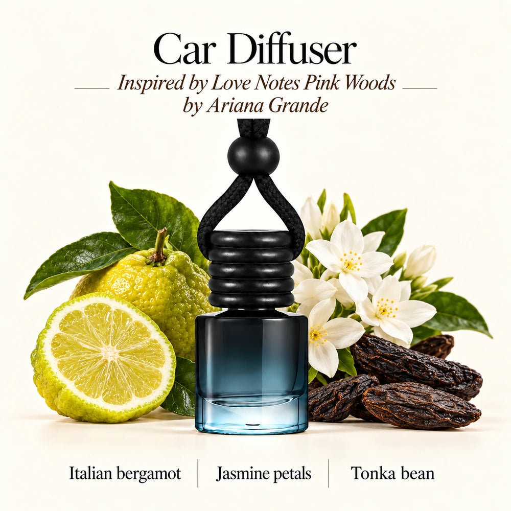 Love Notes Pink Woods Inspired by Ariana Grande car diffuser with Italian bergamot, Jasmine petals, Tonka bean scent imagery by Ancient Wellness