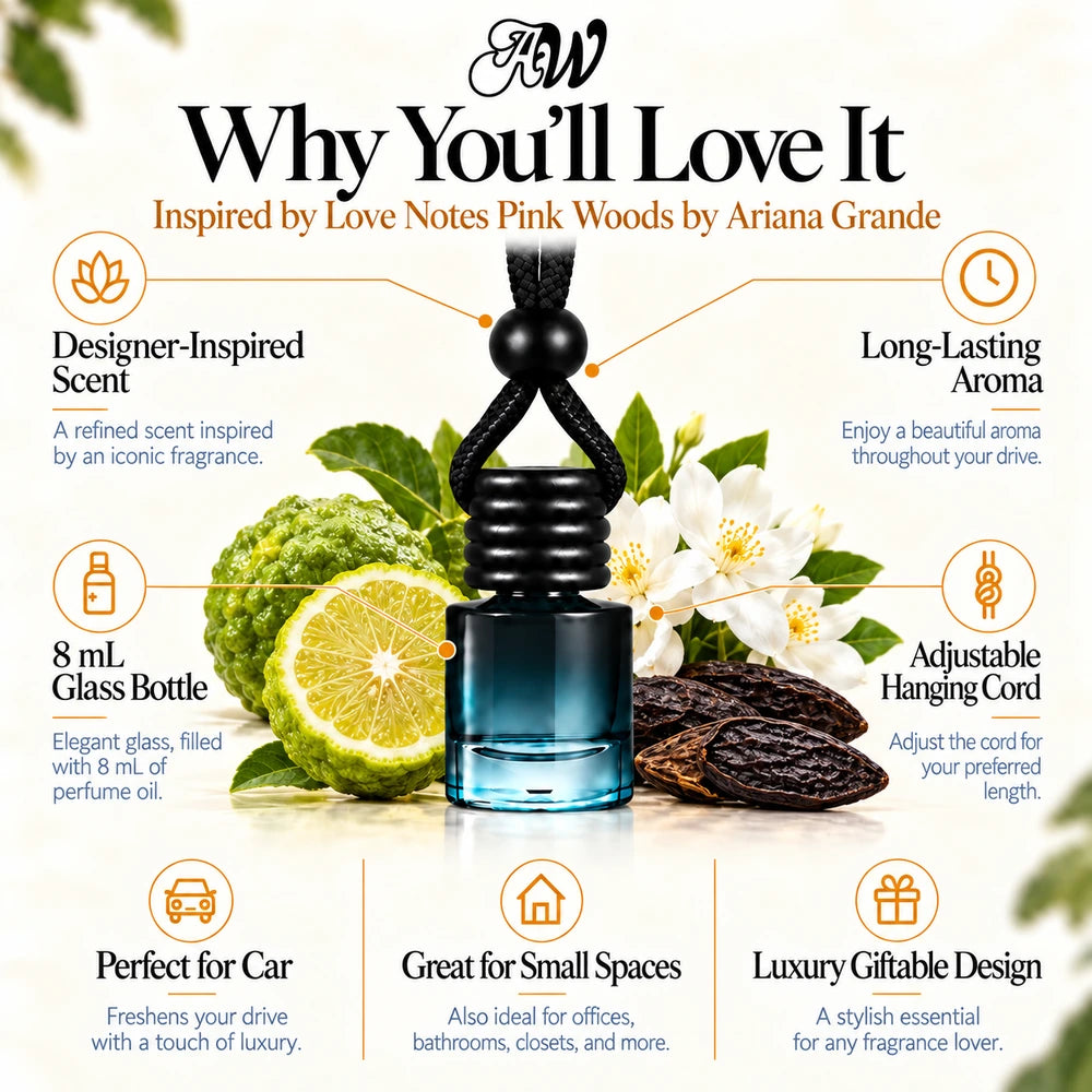 Love Notes Pink Woods car diffuser benefits infographic with Italian bergamot, Jasmine petals, Tonka bean imagery by Ancient Wellness