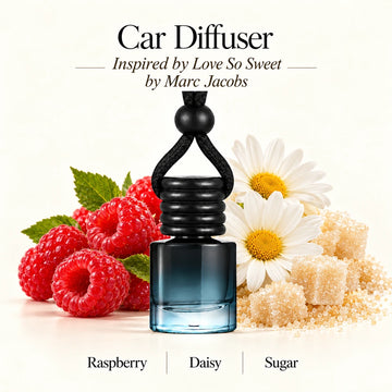Love So Sweet Inspired by Marc Jacobs car diffuser with Raspberry, Daisy, Sugar scent imagery by Ancient Wellness