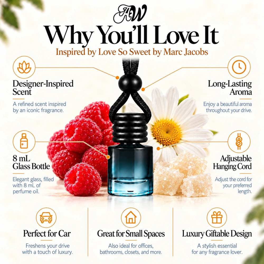 Love So Sweet car diffuser benefits infographic with Raspberry, Daisy, Sugar imagery by Ancient Wellness