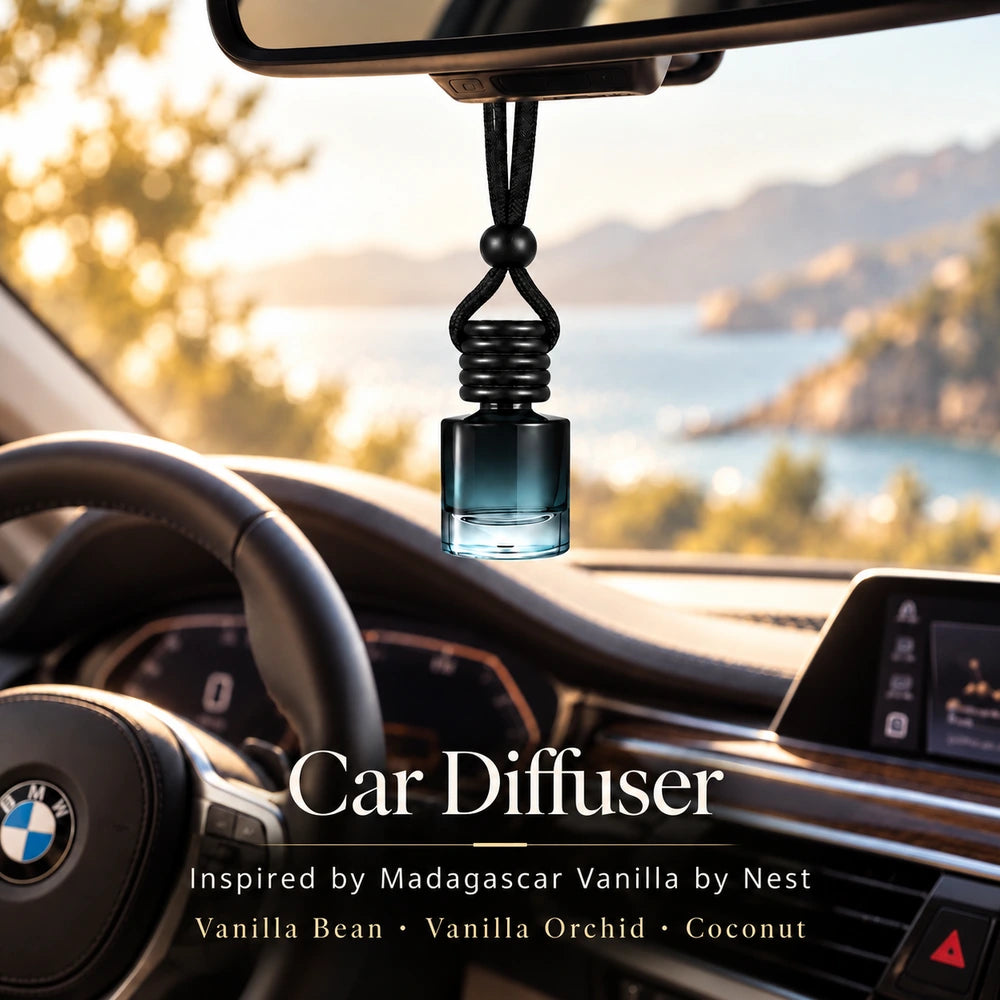 Madagascar Vanilla Inspired by Nest car diffuser hanging in a BMW interior with Vanilla Bean, Vanilla Orchid, Coconut notes