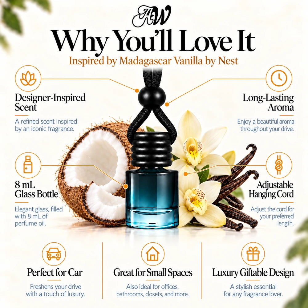 Madagascar Vanilla car diffuser benefits infographic with Vanilla Bean, Vanilla Orchid, Coconut imagery by Ancient Wellness