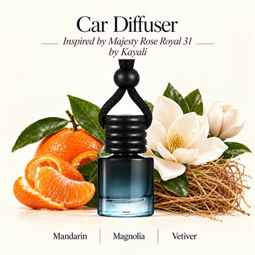 Majesty Rose Royal 31 Inspired by Kayali car diffuser with Mandarin, Magnolia, Vetiver scent imagery by Ancient Wellness