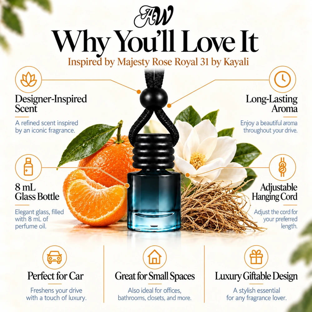Majesty Rose Royal 31 car diffuser benefits infographic with Mandarin, Magnolia, Vetiver imagery by Ancient Wellness