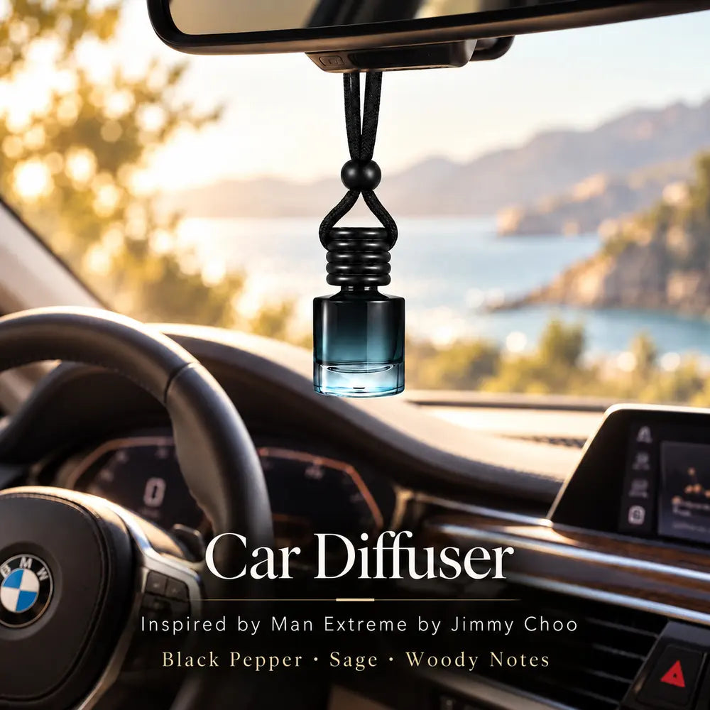 Man Extreme Inspired by Jimmy Choo car diffuser hanging in a luxury BMW interior