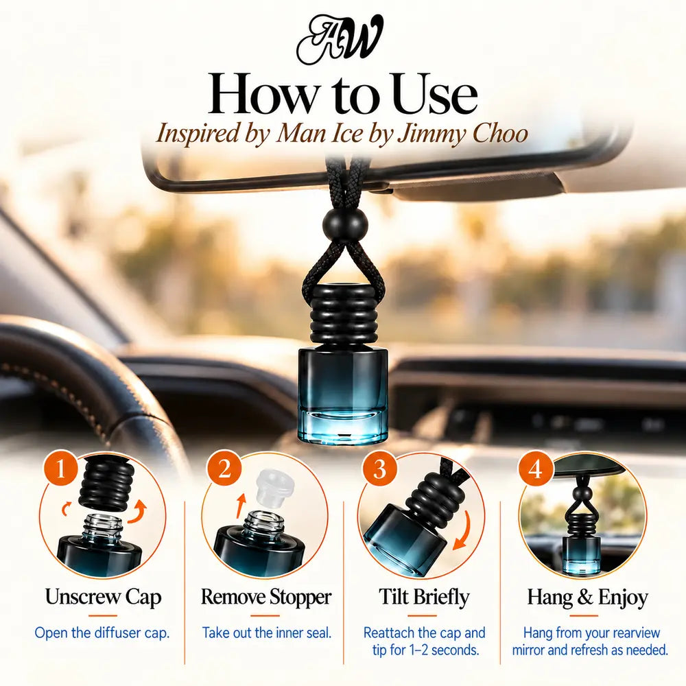 How to use the Man Ice Inspired by Jimmy Choo hanging car diffuser in four steps