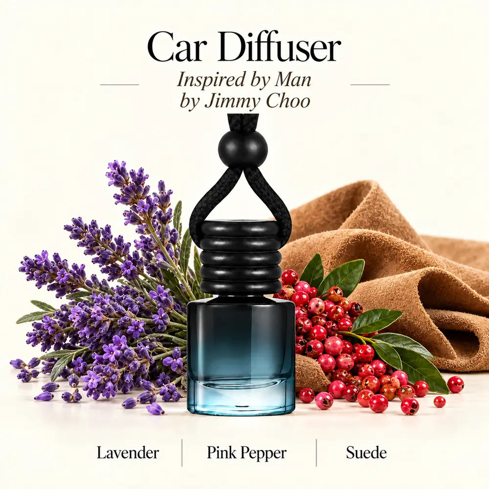 Man Inspired by Jimmy Choo car diffuser with lavender, pink pepper and suede notes by Ancient Wellness