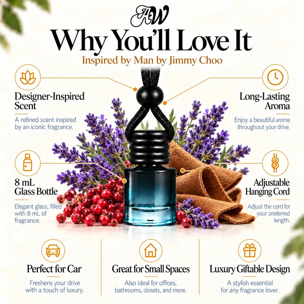 Man Inspired by Jimmy Choo car diffuser with lavender, pink pepper and suede notes by Ancient Wellness