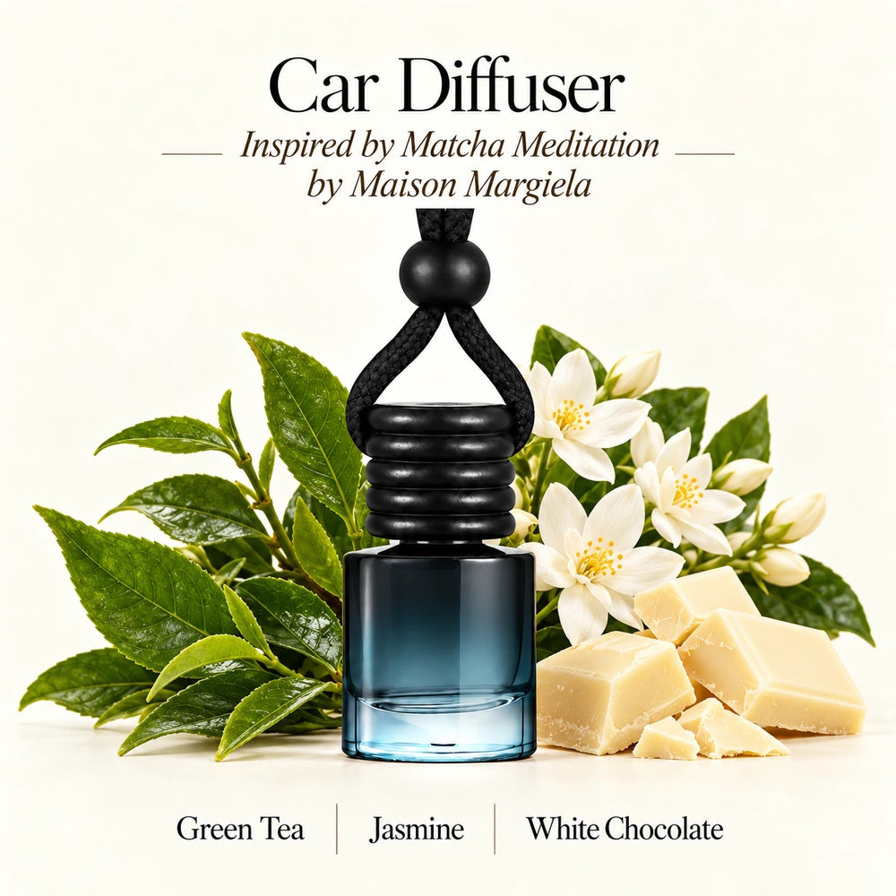 Matcha Meditation Inspired by Maison Margiela car diffuser with Green Tea, Jasmine, White Chocolate scent imagery by Ancient Wellness
