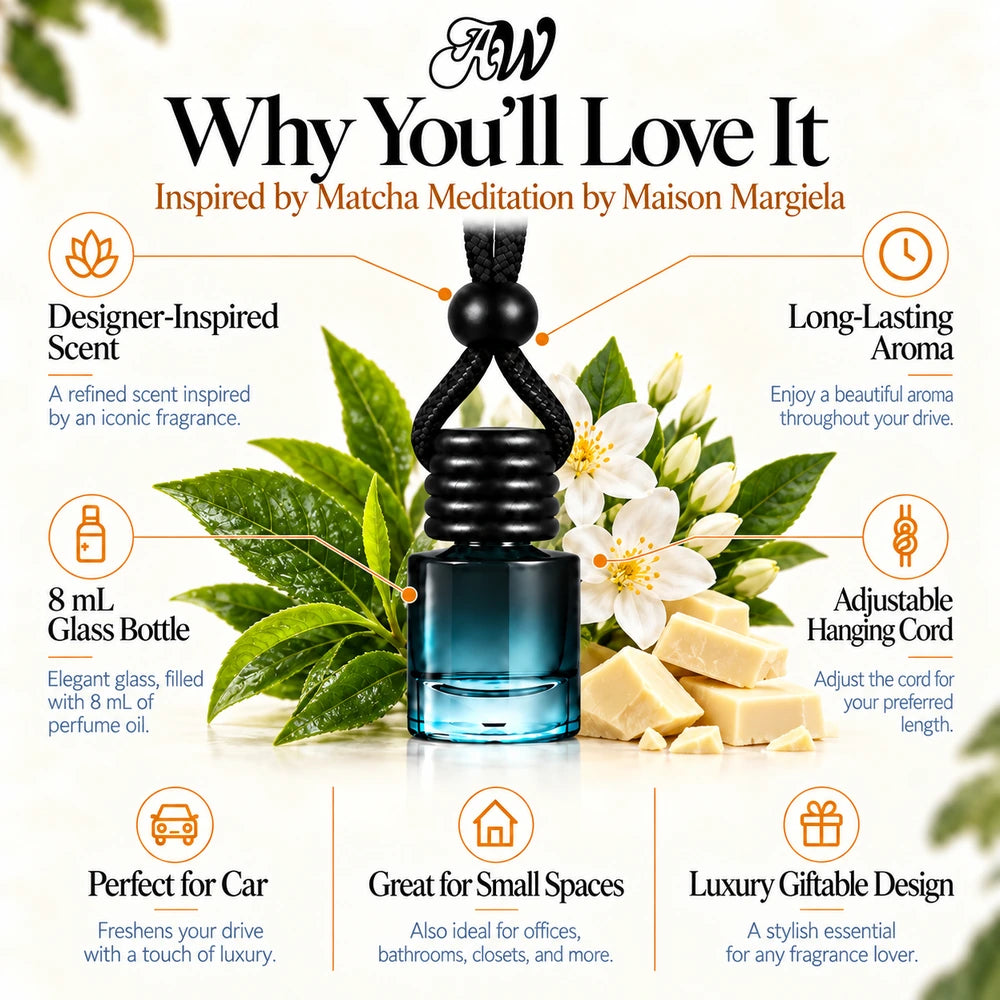 Matcha Meditation car diffuser benefits infographic with Green Tea, Jasmine, White Chocolate imagery by Ancient Wellness