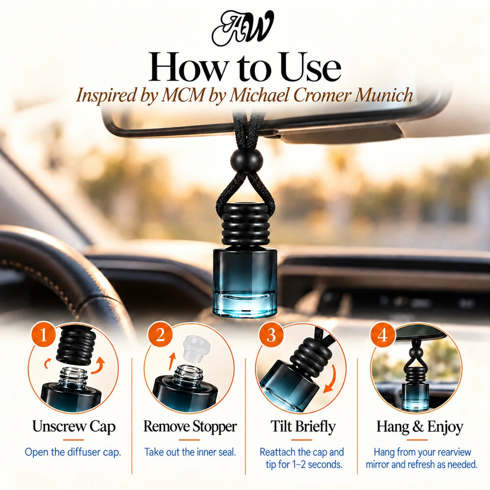 MCM car diffuser hanging in a car with four illustrated setup steps