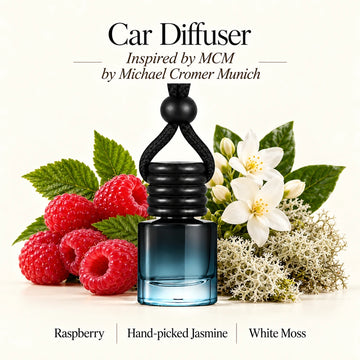 MCM Inspired by Michael Cromer Munich car diffuser with Raspberry, Hand-picked Jasmine, White Moss scent imagery by Ancient Wellness