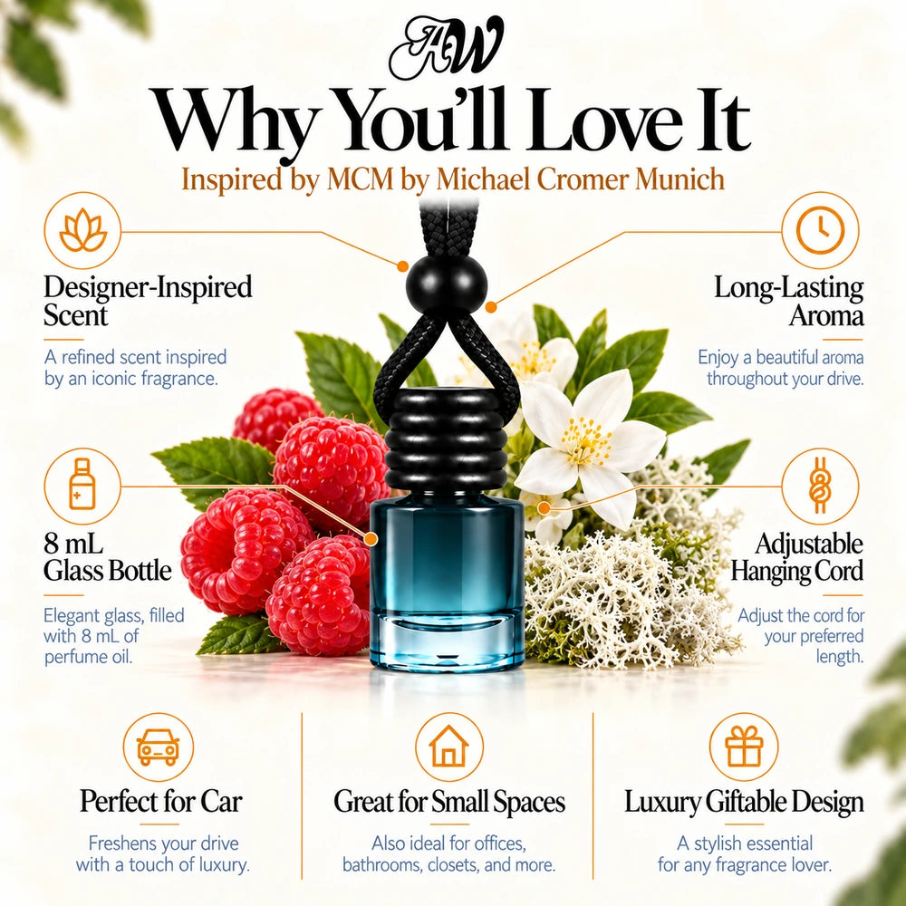 MCM car diffuser benefits infographic with Raspberry, Hand-picked Jasmine, White Moss imagery by Ancient Wellness