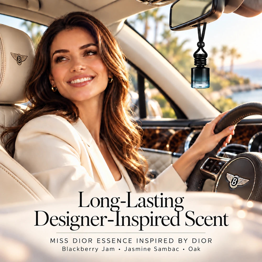 Miss Dior Essence car diffuser beside a smiling woman in a luxury car with Blackberry Jam, Jasmine Sambac, Oak notes