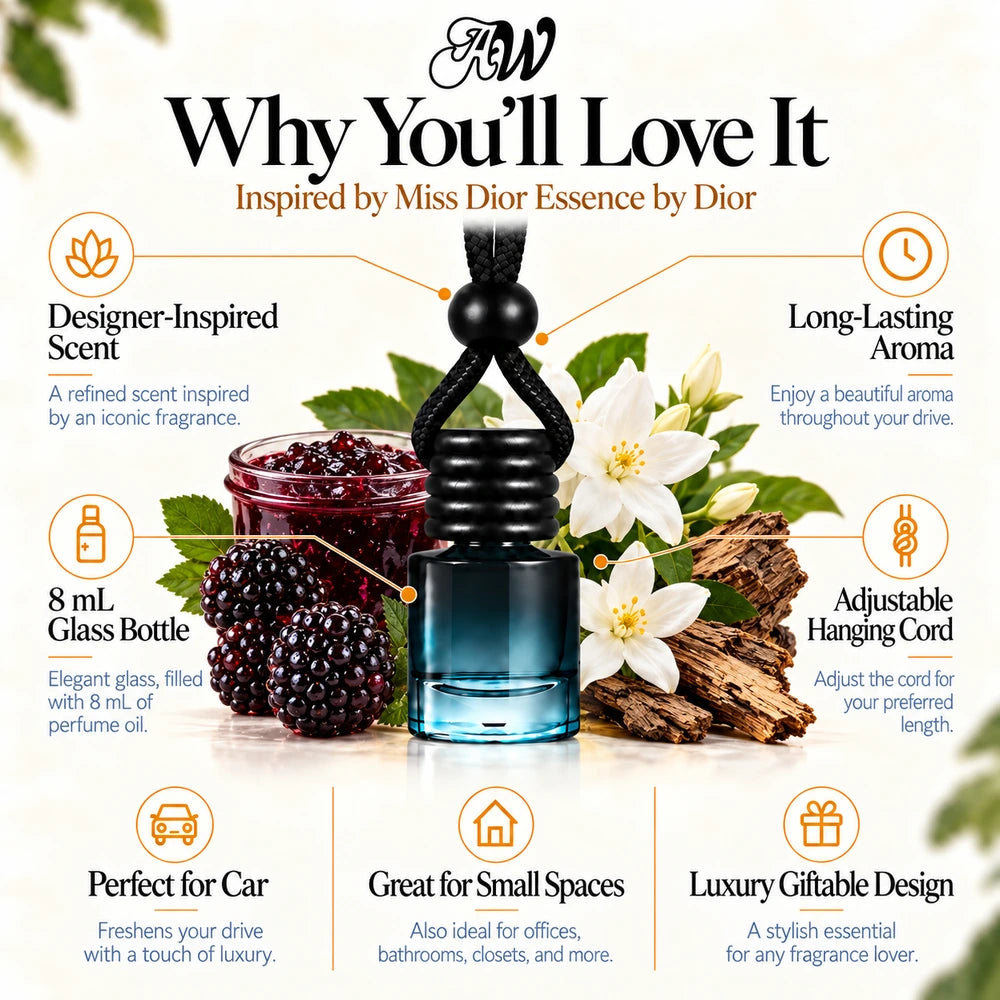Miss Dior Essence car diffuser benefits infographic with Blackberry Jam, Jasmine Sambac, Oak imagery by Ancient Wellness