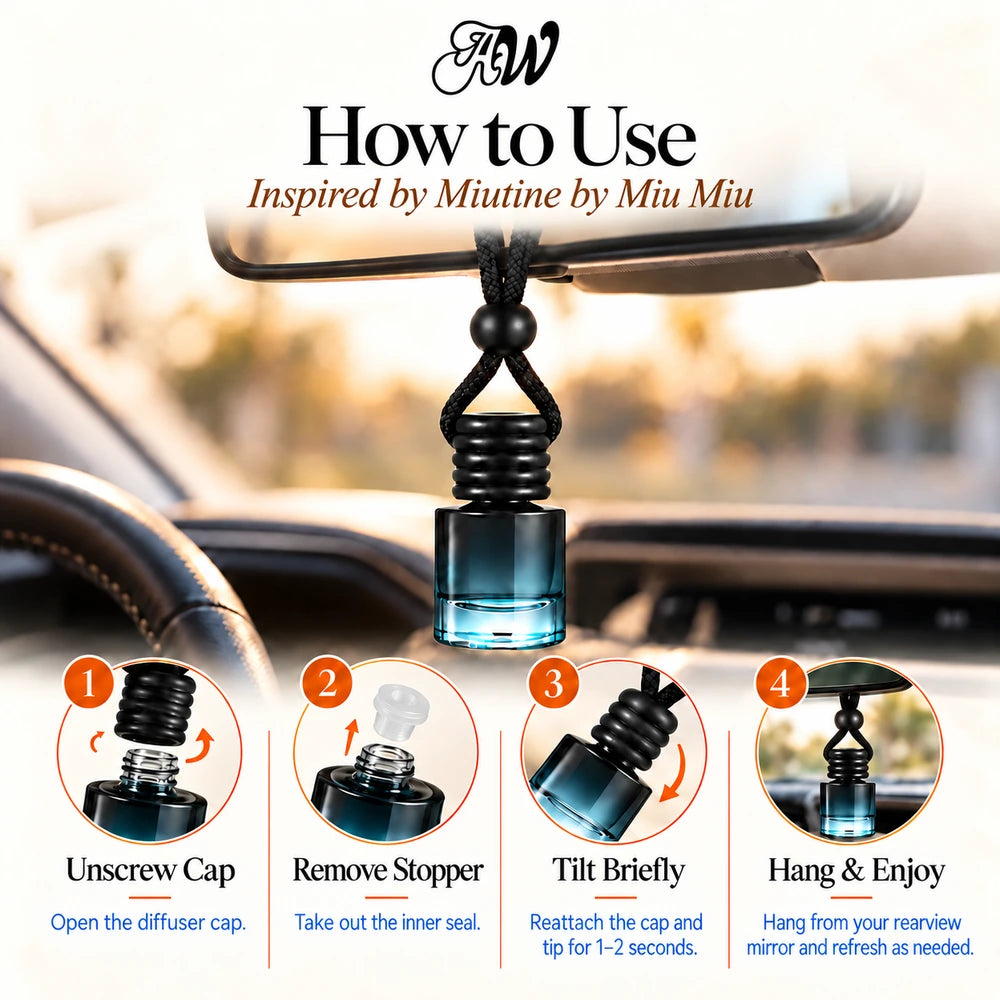 Miutine car diffuser hanging in a car with four illustrated setup steps