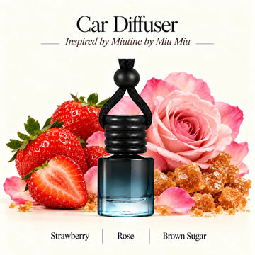 Miutine Inspired by Miu Miu car diffuser with Strawberry, Rose, Brown Sugar scent imagery by Ancient Wellness