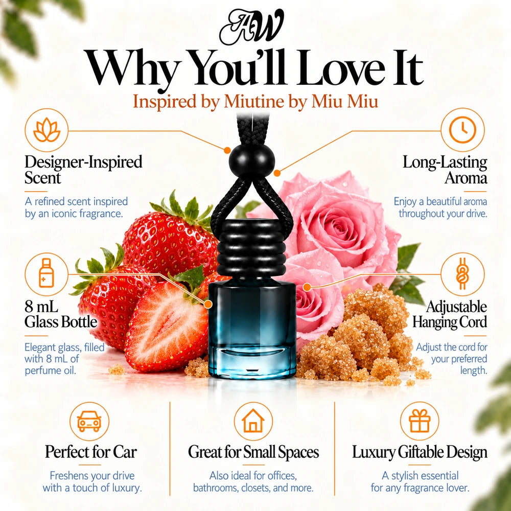 Miutine car diffuser benefits infographic with Strawberry, Rose, Brown Sugar imagery by Ancient Wellness