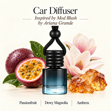 Mod Blush Inspired by Ariana Grande car diffuser with Passionfruit, Dewy Magnolia, Ambrox scent imagery by Ancient Wellness