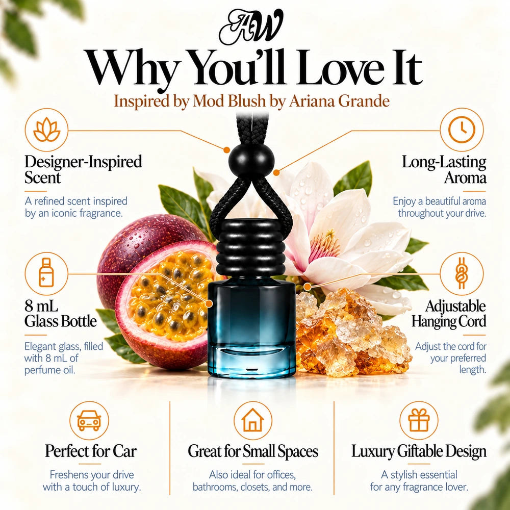 Mod Blush Inspired by Ariana Grande car diffuser with Passionfruit, Dewy Magnolia, Ambrox scent imagery by Ancient Wellness