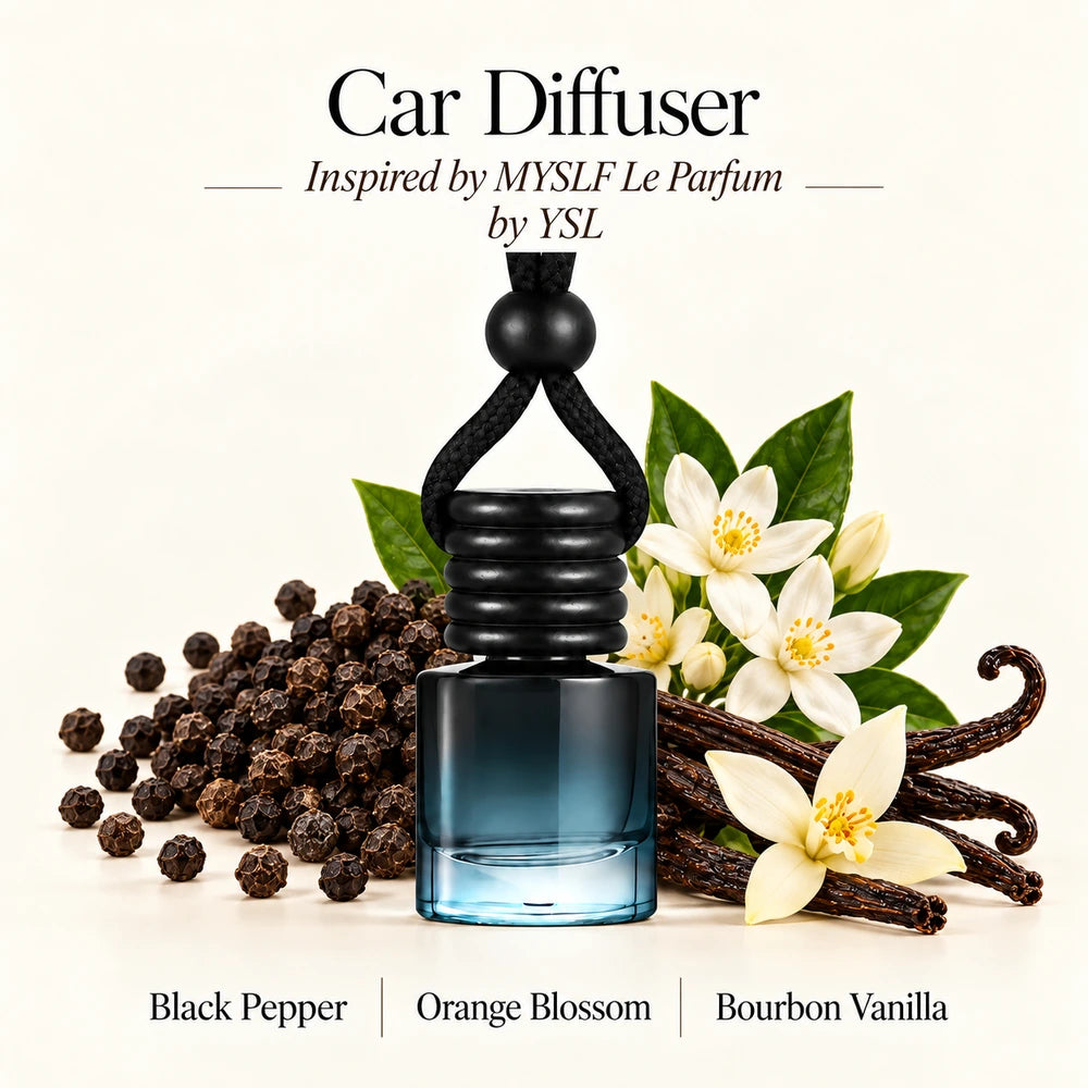 MYSLF Le Parfum Inspired by YSL car diffuser with Black Pepper, Orange Blossom, Bourbon Vanilla scent imagery by Ancient Wellness