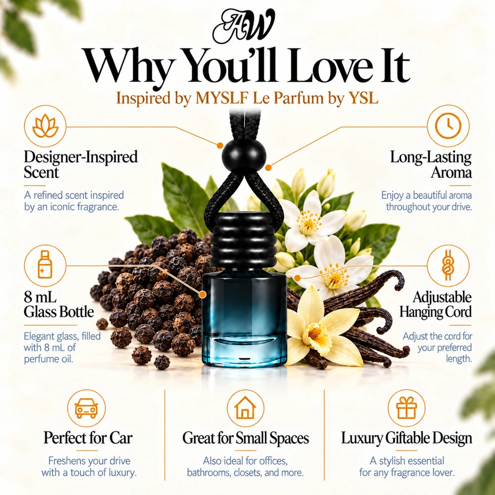MYSLF Le Parfum car diffuser benefits infographic with Black Pepper, Orange Blossom, Bourbon Vanilla imagery by Ancient Wellness