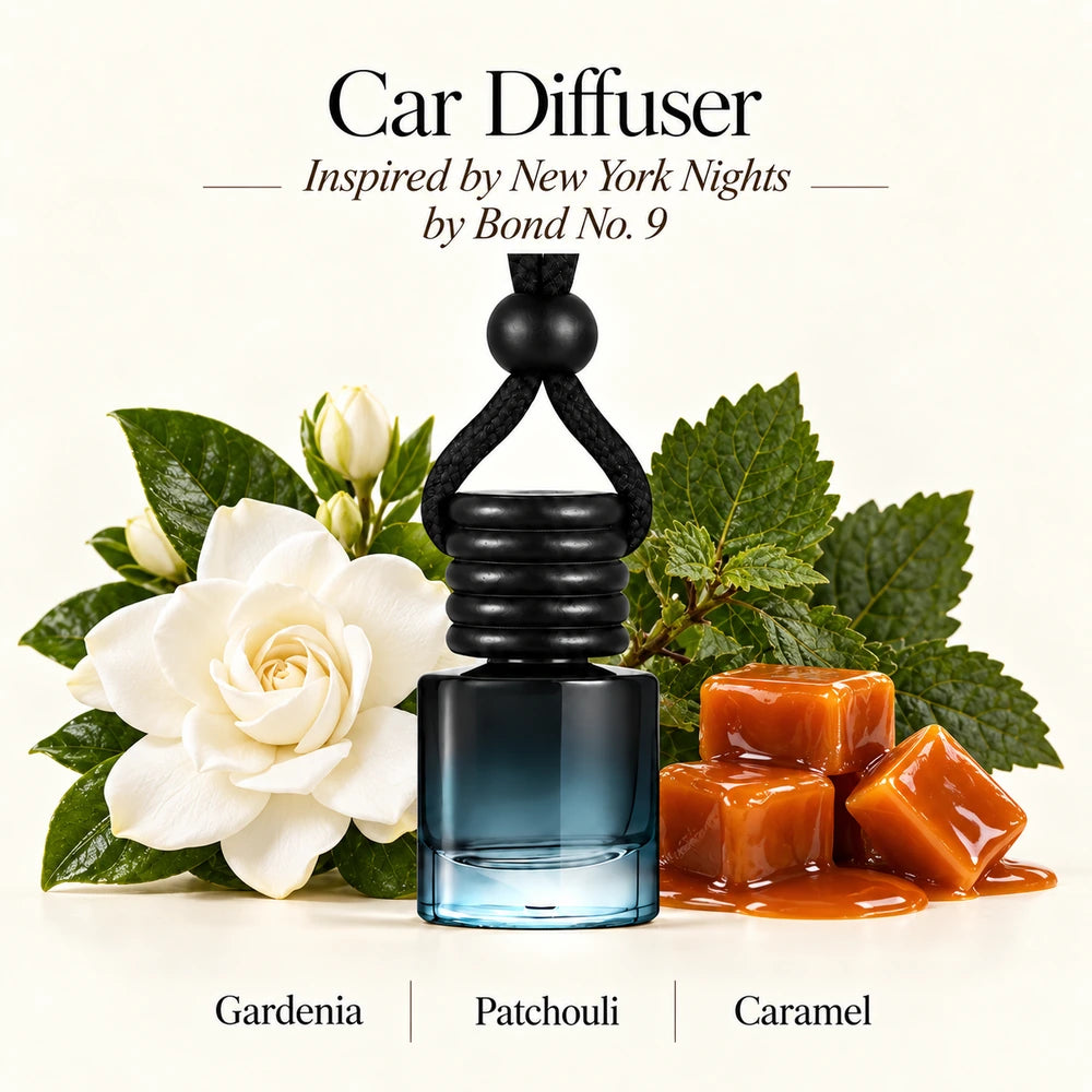New York Nights Inspired by Bond No. 9 car diffuser by Ancient Wellness surrounded by gardenia flowers, patchouli leaves and caramel