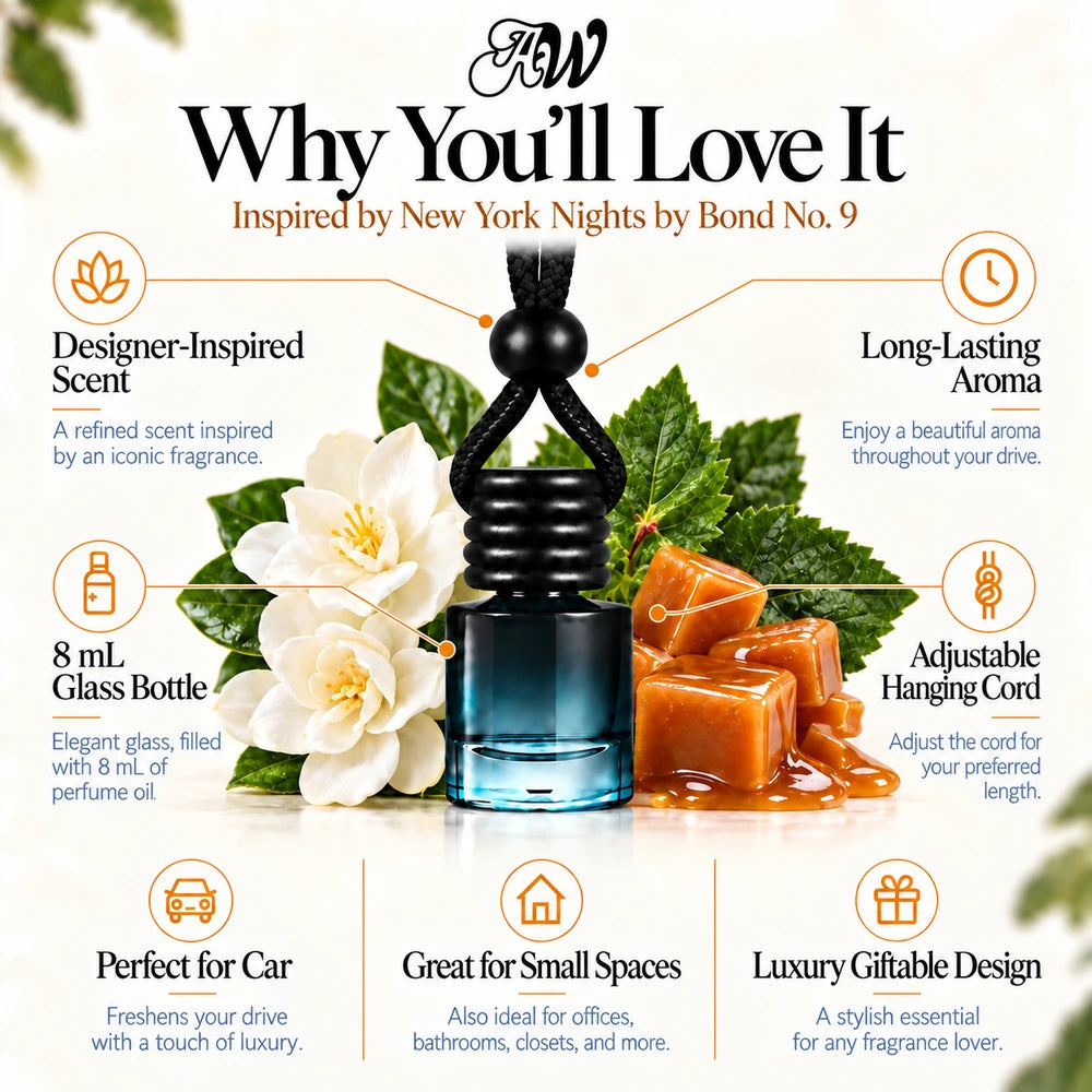 New York Nights car diffuser benefits infographic with gardenia, patchouli and caramel imagery by Ancient Wellness