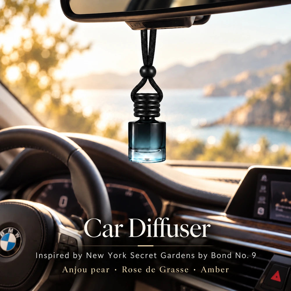 Ancient Wellness New York Secret Gardens car diffuser hanging from a rearview mirror in a BMW interior