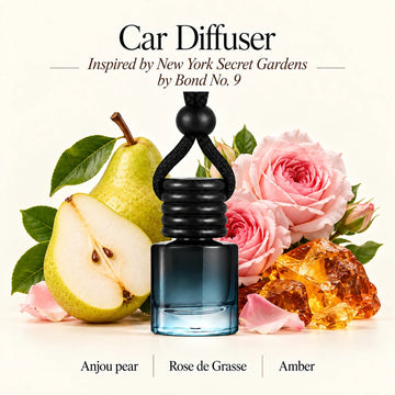 New York Secret Gardens Inspired by Bond No. 9 car diffuser by Ancient Wellness with imagery representing Anjou pear, Rose de Grasse, Amber