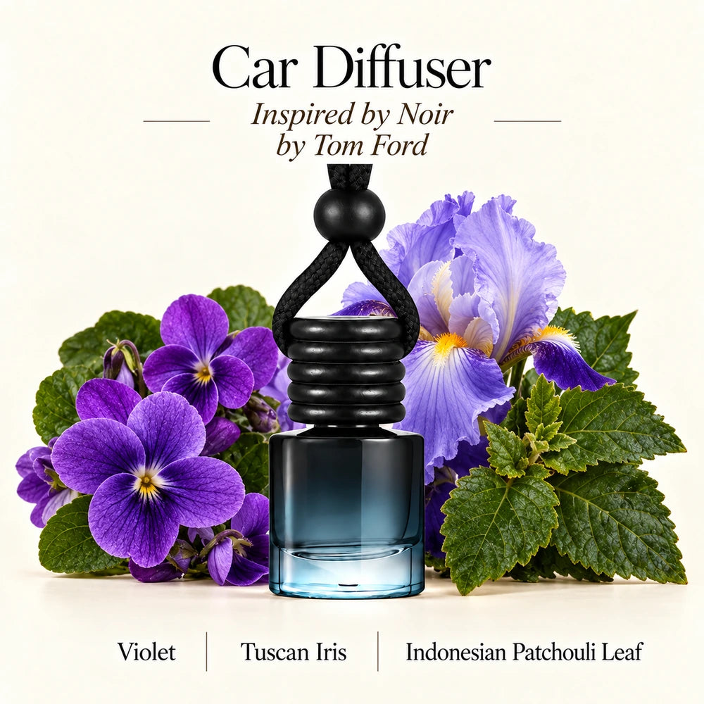 Noir Inspired by Tom Ford car diffuser with Violet, Tuscan Iris, Indonesian Patchouli Leaf scent imagery by Ancient Wellness