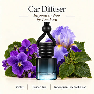 Noir Inspired by Tom Ford car diffuser with Violet, Tuscan Iris, Indonesian Patchouli Leaf scent imagery by Ancient Wellness