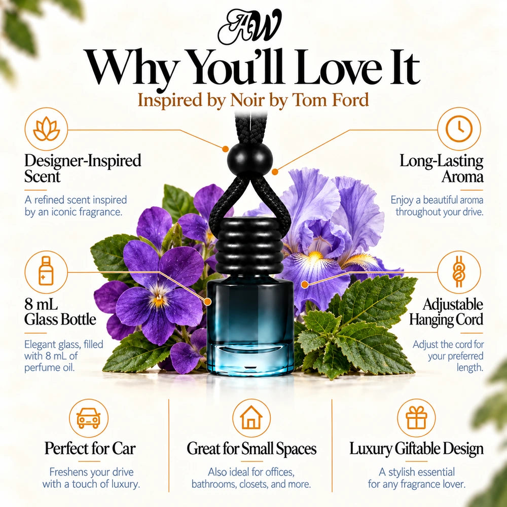 Noir Inspired by Tom Ford car diffuser with Violet, Tuscan Iris, Indonesian Patchouli Leaf scent imagery by Ancient Wellness