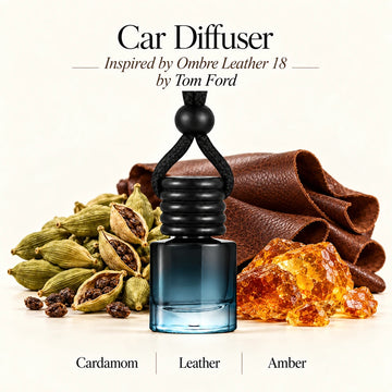 Ombre Leather 18 Inspired by Tom Ford car diffuser with Cardamom, Leather, Amber scent imagery by Ancient Wellness