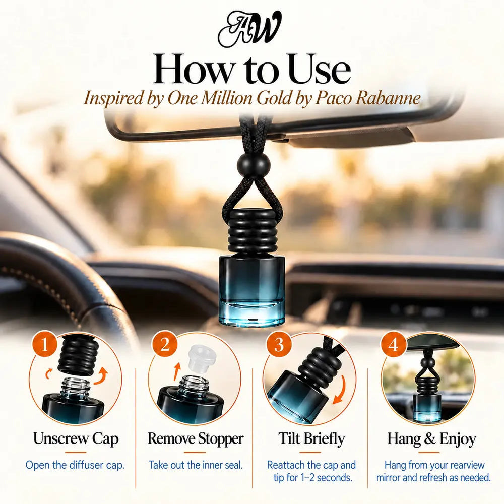 How to use the One Million Gold Inspired by Paco Rabanne car diffuser hanging in a car with four illustrated steps