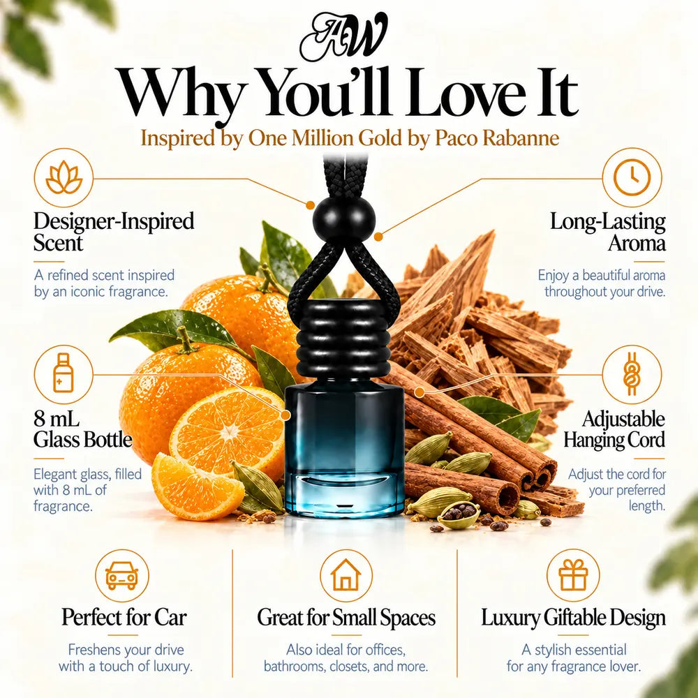Why You'll Love It infographic for One Million Gold Inspired by Paco Rabanne car diffuser with scent ingredients and bottle features