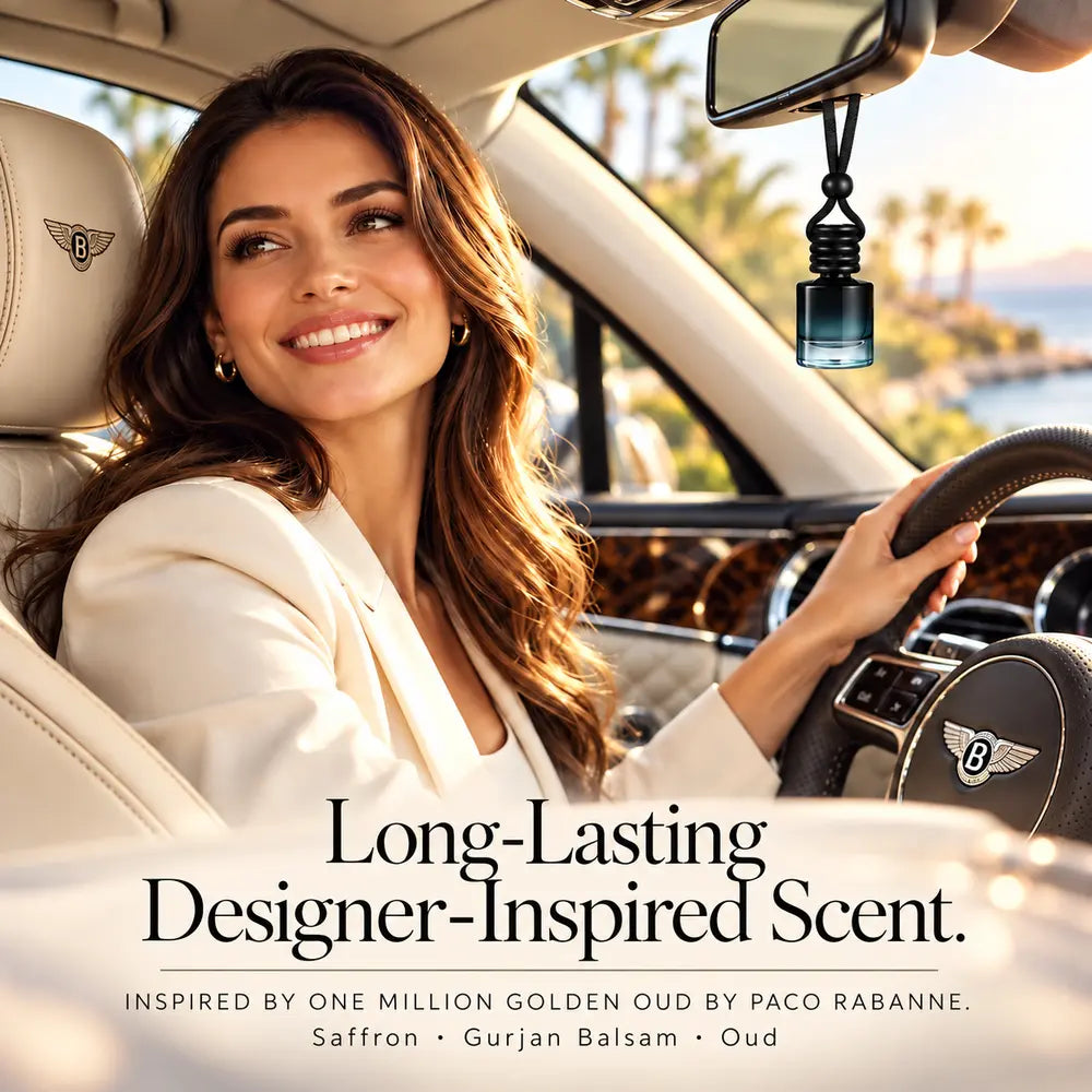 One Million Golden Oud Inspired by Paco Rabanne car diffuser hanging in a luxury car beside a smiling woman with saffron, gurjan balsam and oud notes