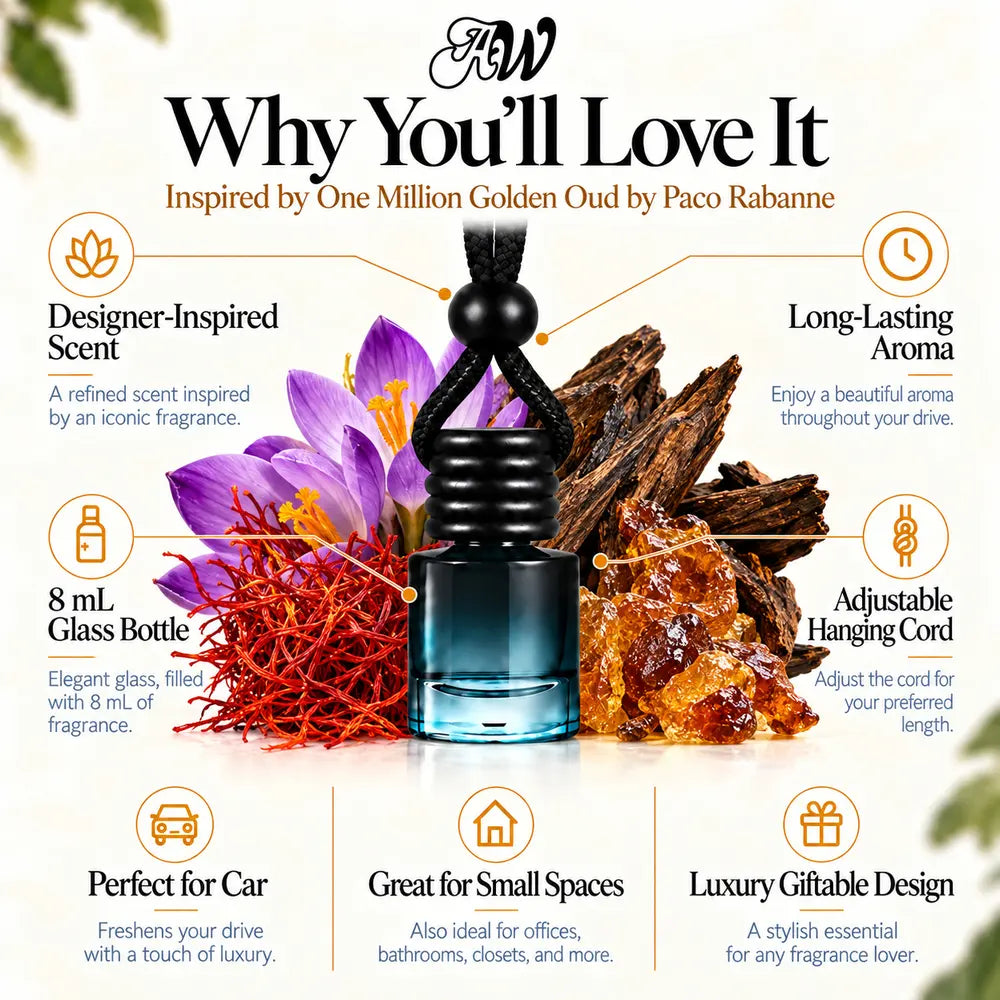 Why You'll Love It infographic for One Million Golden Oud Inspired by Paco Rabanne car diffuser with scent ingredients and bottle features