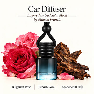 Oud Satin Mood Inspired by Maison Francis car diffuser with Bulgarian Rose, Turkish Rose, Agarwood (Oud) scent imagery by Ancient Wellness