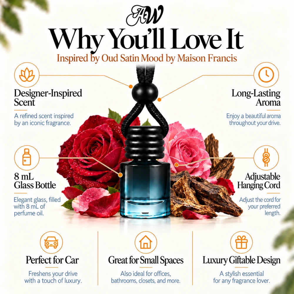 Oud Satin Mood car diffuser benefits infographic with Bulgarian Rose, Turkish Rose, Agarwood (Oud) imagery by Ancient Wellness