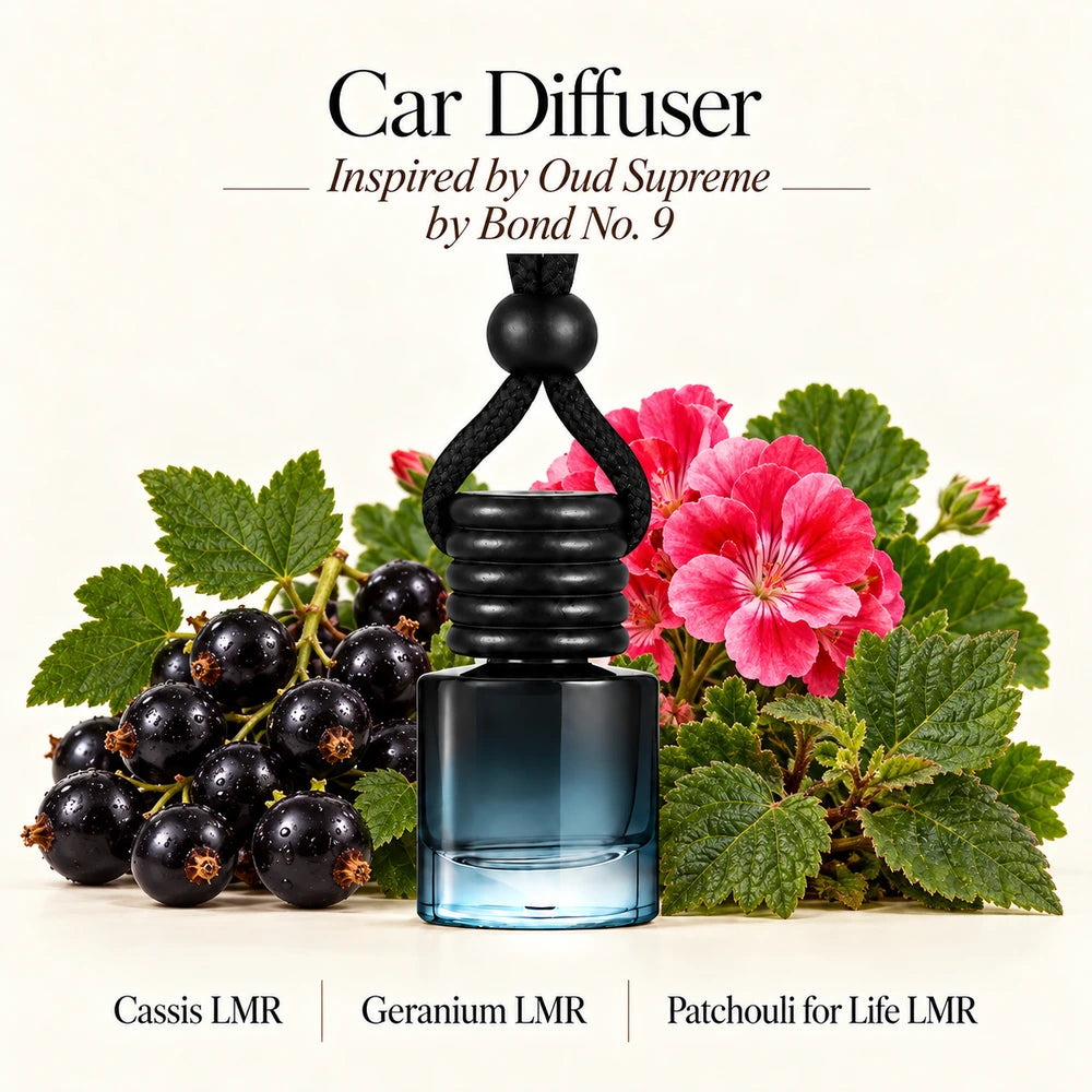 Oud Supreme Inspired by Bond No. 9 car diffuser by Ancient Wellness surrounded by blackcurrants, geranium flowers and patchouli leaves