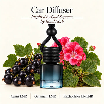 Oud Supreme Inspired by Bond No. 9 car diffuser by Ancient Wellness surrounded by blackcurrants, geranium flowers and patchouli leaves