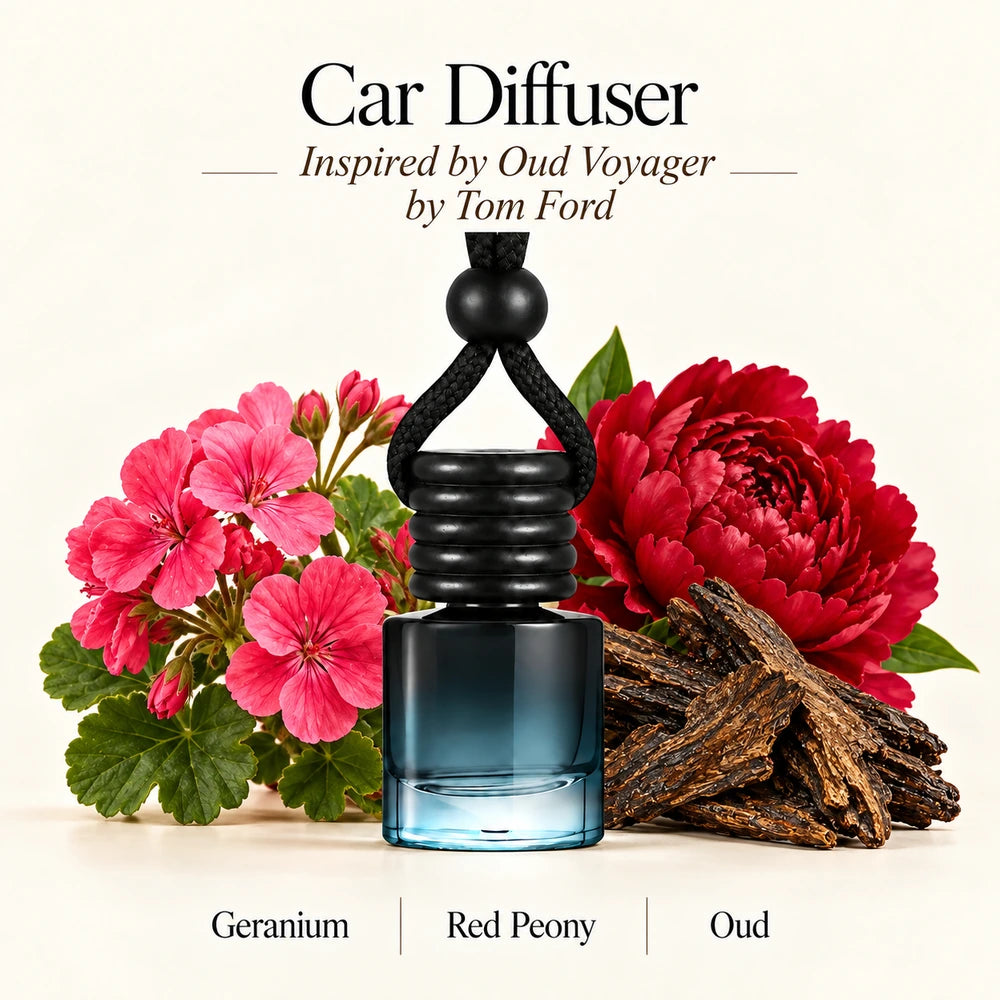 Oud Voyager Inspired by Tom Ford car diffuser with Geranium, Red Peony, Oud scent imagery by Ancient Wellness