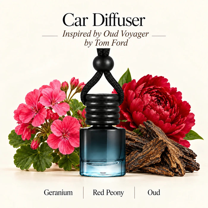 Oud Voyager Inspired by Tom Ford car diffuser with Geranium, Red Peony, Oud scent imagery by Ancient Wellness