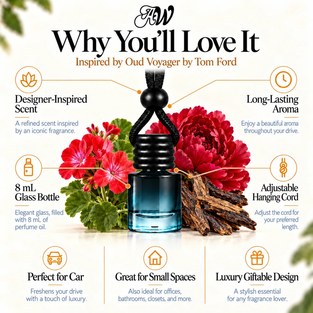 Oud Voyager car diffuser benefits infographic with Geranium, Red Peony, Oud imagery by Ancient Wellness