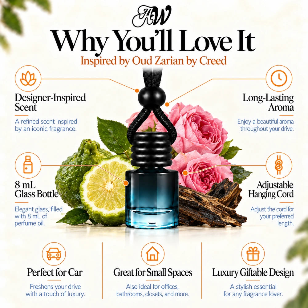 Oud Zarian Inspired by Creed car diffuser with Bergamot, Rose Centifolia, 80-Year-Aged Oud scent imagery by Ancient Wellness