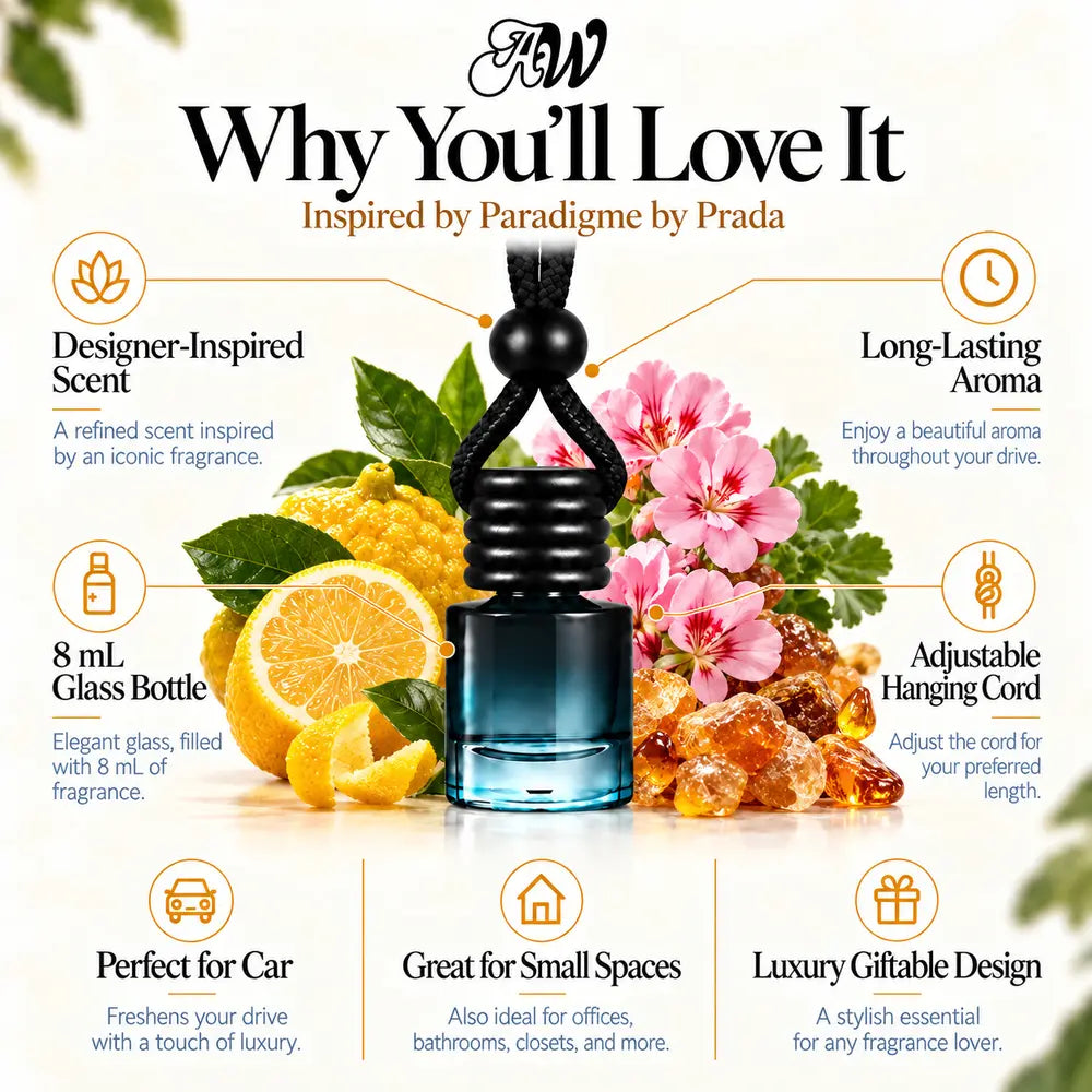 Why You'll Love It infographic for Paradigme Inspired by Prada car diffuser with scent ingredients and bottle features